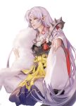  1boy armor crescent facial_mark fingernails forehead_mark full_body fur inuyasha japanese_clothes lips long_hair male_focus pointy_ears sesshoumaru silver_hair sitting solo sword tanu0706 very_long_hair weapon white_background yellow_eyes 