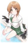  1girl arm_support artist_name bangs black_legwear blouse blush bra breasts brown_eyes brown_hair closed_mouth commentary downblouse eyebrows_visible_through_hair fading girls_und_panzer green_bra green_skirt hand_on_own_knee highres komekueyo lace lace-trimmed_bra long_sleeves looking_at_viewer medium_breasts miniskirt neckerchief neckerchief_removed nishizumi_miho ooarai_school_uniform panties pantyshot pantyshot_(sitting) pleated_skirt pool school_uniform serafuku short_hair signature sitting skirt smile socks socks_removed solo underwear wading white_background white_blouse white_panties 