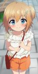  1girl ahoge bag bangs blonde_hair blue_eyes blurry blurry_background blush closed_mouth collarbone commentary_request day depth_of_field eyebrows_visible_through_hair hair_between_eyes hair_ornament highres holding_strap one_side_up orange_shorts outdoors re:stage! shikimiya_mana shirt short_shorts shorts shoulder_bag sleeveless sleeveless_shirt smile solo standing trg-_(sain) white_shirt 