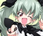  1girl ;d anchovy anzio_school_uniform bangs black_cape black_neckwear black_ribbon cape commentary dress_shirt drill_hair foreshortening girls_und_panzer green_hair hair_ribbon highres holding long_hair long_sleeves looking_at_viewer necktie one_eye_closed open_mouth pointing pointing_at_viewer red_eyes ribbon riding_crop school_uniform shirt smile smirk solo take_shinobu twin_drills twintails white_shirt yellow_background 