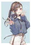  1girl ao+beni bangs black_hair border choker eyebrows_visible_through_hair hairband highres hood hood_down hoodie long_hair looking_at_viewer original shorts side_ponytail signature simple_background smile solo speech_bubble two-tone_background violet_eyes white_border 