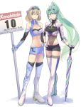  2girls armor bangs biker_clothes bikesuit blonde_hair blue_eyes breasts fiorun fujie-yz full_body glasses gloves green_eyes green_hair hair_ornament headband highres jewelry large_breasts long_hair looking_at_viewer multiple_girls music navel pneuma_(xenoblade) ponytail racing_suit short_hair simple_background singing skirt smile thigh-highs umbrella white_background xenoblade_(series) xenoblade_1 xenoblade_2 