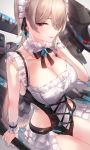  1girl bangs bare_shoulders blonde_hair blush breasts frills hair_over_one_eye highres honkai_(series) honkai_impact_3rd kfr large_breasts long_hair looking_at_viewer maid_headdress mole mole_under_eye pink_eyes polearm rita_rossweisse sitting smile solo swimsuit thighs weapon white_swimsuit 