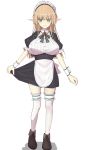  1girl apron black_footwear blue_eyes breasts commentary_request elfenlied22 eyebrows_visible_through_hair gem green_ribbon highres huge_breasts long_hair maid maid_dress maid_headdress original pointy_ears puffy_short_sleeves puffy_sleeves ribbon shoes short_sleeves solo thigh-highs white_legwear 