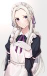  1girl alternate_costume apron bangs black_dress blonde_hair blue_eyes blush closed_mouth collared_dress commentary_request dress edelgard_von_hresvelg enmaided fire_emblem fire_emblem:_three_houses fire_emblem:_three_houses forehead frilled_apron frills gradient gradient_background grey_background hair_ornament hair_ribbon highres intelligent_systems juliet_sleeves koei_tecmo long_hair long_sleeves looking_at_viewer maid maid_apron maid_headdress moe neck_ribbon nintendo parted_bangs puffy_short_sleeves puffy_sleeves purple_ribbon ribbon satoimo_chika short_sleeves shy silver_hair simple_background solo very_long_hair violet_eyes white_apron white_background 
