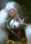  1boy absurdres armor crescent expressionless facial_mark forehead_mark fur highres inuyasha japanese_clothes lips long_hair looking_at_viewer mai_honshu_de_zhi_nan male_focus pointy_ears sesshoumaru sheath sheathed silver_hair solo sword upper_body weapon yellow_eyes 