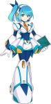  1girl android artist_request bangs blue_bodysuit blue_eyes blue_hair bodysuit breasts closed_mouth commentary_request eyebrows_visible_through_hair full_body headset highres holding long_hair looking_at_viewer medium_breasts official_art pale_skin ponytail rico_(rockman_x_dive) robot robot_joints rockman rockman_x rockman_x_dive shiny shiny_hair shorts side_ponytail simple_background smile solo standing tied_hair white_background 