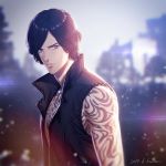  1boy arm_tattoo bare_shoulders black_hair blue_eyes devil_may_cry devil_may_cry_5 full_body_tattoo high_collar jewelry kuren male_focus necklace solo tattoo v_(devil_may_cry) vest wavy_hair 