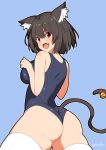  1girl animal_ear_fluff animal_ears ass azur_lane bangs bell black_hair blue_background blush breasts cat_ears cat_tail fang from_behind hair_between_eyes hands_up jingle_bell large_breasts looking_at_viewer looking_back one-piece_swimsuit open_mouth red_eyes school_swimsuit short_hair simple_background skylader solo standing swimsuit tail tail_bell thick_thighs thigh-highs thighs twitter_username white_legwear yamashiro_(azur_lane) yamashiro_(summer_offensive?)_(azur_lane) 