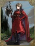  1girl axe blonde_hair blue_eyes breasts cape crown edelgard_von_hresvelg fire fire_emblem fire_emblem:_three_houses full_body gloves hair_ornament horns long_hair looking_at_viewer older simple_background solo suikomu_now weapon 
