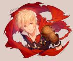  1boy albert_(shingeki_no_bahamut) armor blonde_hair cape from_above granblue_fantasy kuren orange_eyes pauldrons red_cape red_eyes red_scarf scarf shingeki_no_bahamut solo 