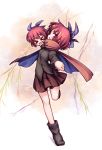  &gt;_&lt; 1girl :d black_footwear black_shirt blue_bow blush_stickers boots bow cape commentary disembodied_head hair_bow high_collar holding holding_head isu_(is88) long_sleeves open_mouth red_cape red_eyes red_skirt redhead sekibanki shirt short_hair skirt smile throwing touhou willow xd 