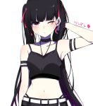  1girl arm_up armband armpits bare_shoulders belt black_hair black_shirt black_shorts breasts camisole choker closed_mouth collarbone crop_top gradient_hair hair_ribbon highleg ichiki_1 long_hair looking_at_viewer midriff mole mole_on_breast multicolored_hair navel one_eye_closed original purple_hair red_eyes ribbon shirt shorts simple_background sleeveless sleeveless_shirt small_breasts solo spaghetti_strap stomach translated twintails very_long_hair white_background 