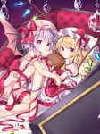  2girls absurdres ankle_lace-up bat_wings black_wings blonde_hair bloomers bow coffin cross-laced_footwear crystal flandre_scarlet hat hat_bow highres knees_up lavender_hair leg_ribbon long_hair looking_at_viewer lying mimi_(mimi_puru) mob_cap multiple_girls nail_polish on_back pillow pink_eyes pink_shirt pink_skirt pointy_ears puffy_short_sleeves puffy_sleeves red_bow red_nails red_skirt red_vest remilia_scarlet ribbon shirt shoes short_sleeves siblings sisters skirt skirt_set stuffed_animal stuffed_toy teddy_bear touhou underwear untied vest white_headwear wings 