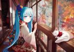  1girl absurdres autumn_leaves blue_eyes blue_hair cat commentary floral_print flower from_side hair_flower hair_ornament hatsune_miku highres indoors iren_lovel japanese_clothes kimono leaf long_hair maple_leaf reflection sliding_doors twintails very_long_hair vocaloid window 