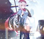  1girl 9a-91 9a-91_(girls_frontline) absurdres assault_rifle bangs beret black_panties blue_dress blue_eyes blue_sky blush breasts cityscape clouds day dress eyebrows_visible_through_hair floating_hair girls_frontline gloves gun hair_between_eyes hair_ornament hat highres holding holding_gun holding_weapon long_hair looking_at_viewer low_twintails medium_breasts navel outdoors panties pottsness red_scarf rifle scarf see-through silver_hair sky snow solo star star_hair_ornament thigh-highs twintails underwear very_long_hair weapon wind 