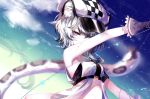  1girl animal_ear_fluff animal_ears arknights arm_up bandeau bangs bare_arms bare_shoulders beret black_hair blue_eyes checkered cliffheart_(arknights) clouds dress gloves gradient_hair grey_gloves hair_between_eyes hat highres looking_at_viewer multicolored_hair night night_sky outdoors sheya short_hair silver_hair sky solo stomach strapless tail tiger_ears tiger_tail tubetop upper_body white_dress white_headwear 