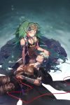  2girls arm_guards artist_name book byleth_(fire_emblem) byleth_eisner_(female) cloak closed_eyes dagger dress finni_chang fire_emblem fire_emblem:_three_houses green_hair highres kneeling lap_pillow legwear_under_shorts long_hair lying medium_hair multiple_girls on_back pantyhose parted_lips pointy_ears red_string short_shorts shorts sleeping smile sothis_(fire_emblem) string tiara twintails twitter_username very_long_hair weapon wristband 