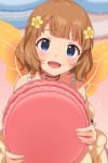  1girl bangs blue_eyes blush butterfly_wings commentary_request dress eyebrows_visible_through_hair happy highres idolmaster idolmaster_million_live! idolmaster_million_live!_theater_days looking_at_viewer naijow open_mouth short_hair smile solo suou_momoko wings yellow_dress 