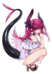  asymmetrical_horns curled_horns dragon_girl dragon_horns dragon_tail elizabeth_bathory_(fate) elizabeth_bathory_(fate)_(all) fate/extra fate/extra_ccc fate/grand_order fate_(series) high_heels highres horns long_hair looking_at_viewer one-piece_swimsuit pink_hair pointy_ears squatting swimsuit tail tail_raised utayoi_(umakatare) white_swimsuit 