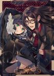  1boy 1girl artist_name bangs black_footwear black_gloves black_hair black_legwear boots cloak commentary_request eyebrows_visible_through_hair fate_(series) fur_trim glasses gloves gray_(lord_el-melloi_ii) green_eyes grey_hair hair_between_eyes highres hood hood_up long_hair long_sleeves looking_at_viewer lord_el-melloi_ii lord_el-melloi_ii_case_files short_hair thigh-highs v-shaped_eyebrows waver_velvet yanagiba_kiriko 