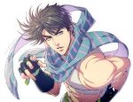  1boy bare_shoulders battle_tendency black_hair blue_eyes fingerless_gloves from_above gloves jojo_no_kimyou_na_bouken joseph_joestar_(young) kuren male_focus midriff scarf solo striped striped_scarf 