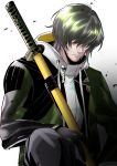  1boy absurdres black_hair closed_mouth green_jacket hair_over_eyes highres hood hooded_jacket jacket kuwana_gou_(touken_ranbu) layered_clothing male_focus solo sword touken_ranbu weapon white_jacket 