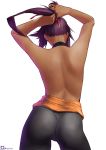  1girl adjusting_hair ass back bleach dark_skin facing_away from_behind highres long_hair orihalchon purple_hair shihouin_yoruichi simple_background solo tying_hair white_background 