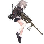  1girl astg backpack bag bolt_action cheytac_m200 commentary girls_frontline gloves gun headphones holding holding_gun holding_weapon jacket m200_(girls_frontline) official_art open_clothes open_jacket ponytail rifle shoes silver_hair simple_background skirt sneakers sniper_rifle socks solo transparent_background violet_eyes weapon 