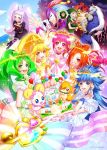  6+girls akaooni aoki_reika bow candy_(smile_precure!) card castle colorful cure_beauty cure_happy cure_march cure_peace cure_sunny everyone hino_akane_(smile_precure!) hoshizora_miyuki joker_(smile_precure!) kise_yayoi kuren magical_girl majorina midorikawa_nao multiple_girls nico_(smile_precure!) playing_card ponytail pop_(smile_precure!) precure sky smile_precure! tiara wolf wolfrun 
