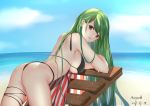  1girl 2019 alternate_costume arched_back arm_rest artist_name ass azur_lane back bangs bare_shoulders beach bent_over bikini black_bikini black_legwear blue_sky breasts clouds dated day eyebrows_visible_through_hair eyelashes from_side green_hair horizon large_breasts littorio_(azur_lane) littorio_(the_glory_of_naples)_(azur_lane) long_hair looking_back maoyao-ll multicolored_hair no_eyewear no_hat no_headwear outdoors parted_lips red_eyes redhead shiny shiny_hair sky smile solo streaked_hair swept_bangs swimsuit thigh_strap thighs under_boob very_long_hair 