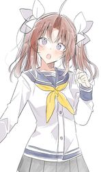  1girl :o ahoge alternate_costume bangs black_skirt blue_sailor_collar blush brown_hair buttons collarbone eyebrows_visible_through_hair hair_ribbon highres kagerou_(kantai_collection) kantai_collection long_hair long_sleeves neckerchief open_mouth pleated_skirt ribbon sailor_collar school_uniform serafuku simple_background skirt solo takeshima_(nia) twintails violet_eyes white_background white_ribbon yellow_neckwear 