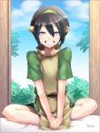  1girl avatar:_the_last_airbender avatar_(series) black_hair blind blue_eyes crossed_legs full_body grin hair_between_eyes short_hair sitting sky smile sn5st solo toph_bei_fong window 