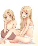  2girls :d artist_name bangs bare_legs bare_shoulders barefoot beige_background blonde_hair blue_eyes blush bra breasts collarbone eyebrows_visible_through_hair feet_up full_body gradient gradient_background head_tilt janus_(kantai_collection) jervis_(kantai_collection) kantai_collection long_hair looking_at_viewer lying multiple_girls on_stomach open_mouth panties rizzl short_hair sidelocks simple_background small_breasts smile underwear underwear_only white_bra white_panties 