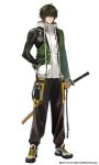  1boy black_hair closed_mouth copyright copyright_name full_body green_jacket hair_over_eyes highres hood hooded_jacket jacket kuwana_gou_(touken_ranbu) layered_clothing male_focus official_art shoes simple_background sneakers solo touken_ranbu white_background white_jacket 