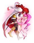  1boy 1girl boots bow choker couple cure_blossom flower_tact hanasaki_tsubomi heartcatch_precure! hetero highres jacket_on_shoulders kumojacky kuren long_hair magical_girl pink_hair precure rapier red_eyes redhead staff sword weapon 