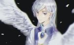  1boy cardcaptor_sakura face feathers grey_eyes kaeki long_hair looking_at_viewer male_focus silver_hair solo upper_body yue_(ccs) 