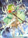 1girl bangs boots cape commentary_request company_connection copyright_name fire_emblem fire_emblem:_the_sacred_stones fire_emblem_cipher gloves green_eyes green_hair jewelry l&#039;arachel_(fire_emblem) long_hair looking_at_viewer looking_back mayo_(becky2006) official_art skirt staff thigh-highs thigh_boots tied_hair white_footwear zettai_ryouiki 