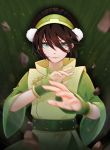  1girl avatar:_the_last_airbender avatar_(series) black_hair blind blue_eyes element_bending geokinesis hair_between_eyes short_hair smile solo toph_bei_fong zero-han 