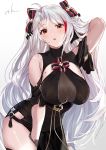  1girl alternate_costume antenna_hair azur_lane bangs black_dress blush bow breasts brown_eyes dress gloves gradient gradient_background hair_between_eyes hand_behind_head large_breasts leaning_forward long_hair looking_at_viewer mole mole_on_breast multicolored_hair prinz_eugen_(azur_lane) prinz_eugen_(cordial_cornflower)_(azur_lane) redhead sidelocks signature silver_hair simple_background solo streaked_hair takubon thighs two_side_up very_long_hair 