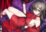  1girl 92m alternate_costume bare_shoulders black_gloves black_hair breasts chair choker dress formal gloves gown ilya_ornstein large_breasts legs_together long_hair looking_at_viewer lying on_back princess_connect! princess_connect!_re:dive red_dress red_eyes ribbon ribbon_choker sandals shoulder_cutout sideboob skirt smile solo 