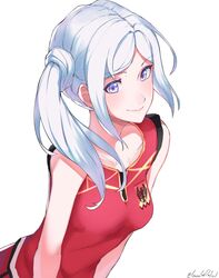  1girl absurdres alternate_hairstyle basketball_uniform blonde_hair blue_eyes blush breasts cute edelgard_von_hresvelg fire_emblem fire_emblem:_three_houses fire_emblem:_three_houses fire_emblem_heroes garreg_mach_monastery_uniform grimmelsdathird gym_uniform hair_ornament hair_ribbon highres intelligent_systems koei_tecmo long_hair looking_at_viewer nintendo ponytail ribbon shorts side_ponytail simple_background sleeveless smile solo super_smash_bros. uniform white_background 