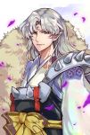  1boy absurdres armor bow crescent facial_mark forehead_mark fur highres inuyasha japanese_clothes lan_sing long_hair looking_at_viewer male_focus petals pointy_ears sesshoumaru silver_hair solo upper_body 