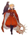  1girl bird blonde_hair blue_eyes breasts cape crown cwilocky eagle edelgard_von_hresvelg fire_emblem fire_emblem:_three_houses full_body gloves hair_ornament highres horns jewelry long_hair looking_at_viewer older red_cape ribbon simple_background smile solo white_background 