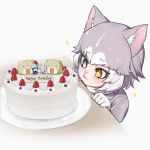  +_+ 1girl :p animal_ears birthday_cake blue_eyes blush cake commentary_request dog_(mixed_breed)_(kemono_friends) dog_ears eyebrows_visible_through_hair food food_on_face gloves grey_hair grey_jacket happy_birthday heterochromia jacket kemono_friends long_sleeves multicolored_hair nyifu scarf short_hair solo sparkle star tongue tongue_out two-tone_hair white_gloves white_hair yellow_eyes 