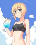  1girl alternate_costume bendy_straw blonde_hair blue_eyes blue_sky blush breasts clouds cowboy_shot drinking_straw erica_hartmann food from_below fruit lemon lemon_slice looking_at_viewer momiji7728 navel sky small_breasts solo sports_bra strawberry strike_witches tropical_drink world_witches_series 