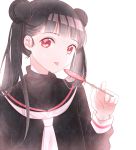  1girl black_hair candy cardcaptor_sakura double_bun food highres li_meiling lollipop long_hair looking_at_viewer necktie red_eyes school_uniform solo tongue twintails upper_body zhi_(yammycheese) 