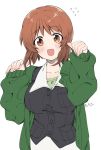  1girl :d artist_name bangs blue_jacket blush brown_eyes brown_hair coat commentary_request cropped_torso eyebrows_visible_through_hair girls_und_panzer green_coat green_shirt highres jacket komekueyo long_sleeves looking_at_viewer military military_uniform nishizumi_miho ooarai_military_uniform open_clothes open_coat open_mouth shirt short_hair signature simple_background smile solo uniform upper_body white_background 