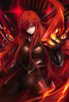  1girl armor bangs breasts cape chain closed_mouth commentary_request evil_smile fate/grand_order fate_(series) fire hair_over_one_eye highres large_breasts long_hair looking_at_viewer oda_nobunaga_(maou_avenger)_(fate) re_(re_09) red red_cape red_eyes redhead smile very_long_hair 