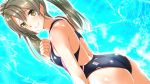  1girl ass black_swimsuit blue_background competition_swimsuit covered_nipples cowboy_shot dutch_angle flat_chest from_behind green_eyes grey_hair highres kantai_collection kumichou_(nakasato-gumi) long_hair looking_at_viewer looking_back one-piece_swimsuit smile solo standing swimsuit twintails zuikaku_(kantai_collection) 